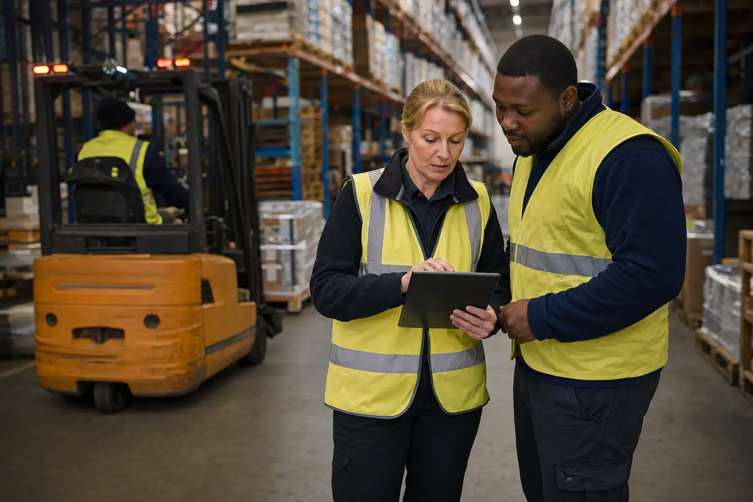 Warehouse supervisor reviewing inventory operations