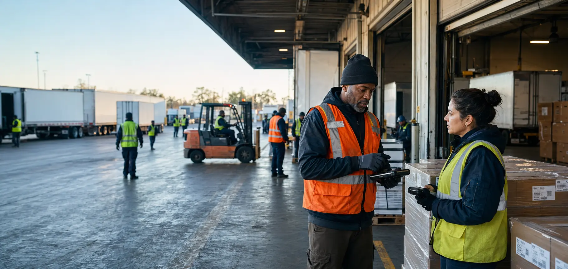 Warehouse and logistics professionals coordinating operations