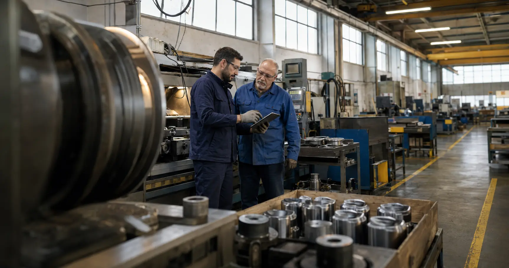 Manufacturing team reviewing production operations