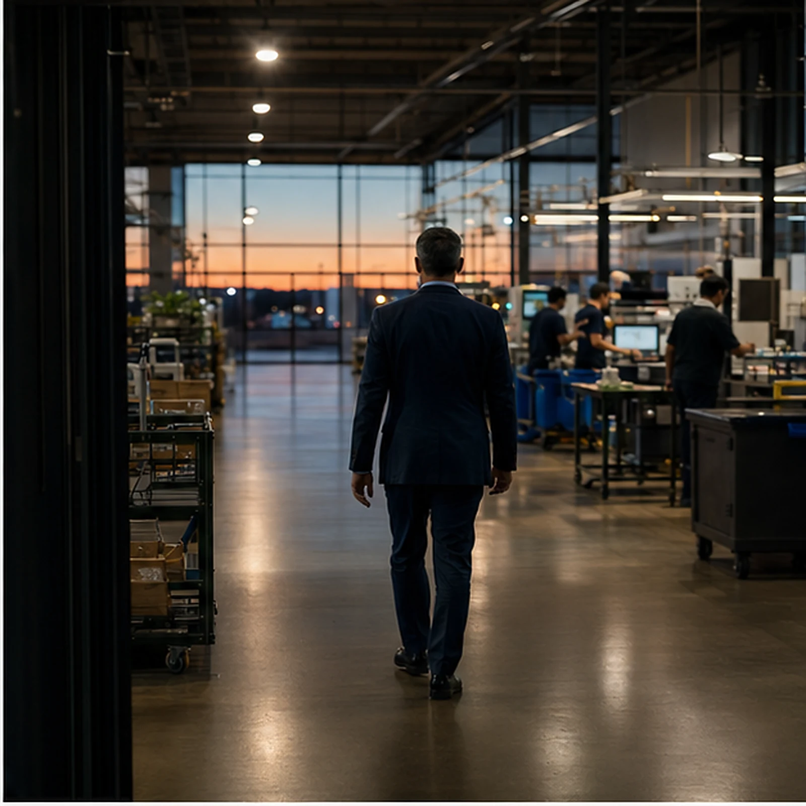 Operations leader walking through a modern workplace